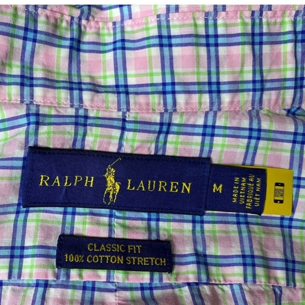 Polo Ralph Lauren Men's Medium Blue Plaid Classic Fit Button Down Shirt Stretch